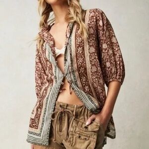 FREE PEOPLE We The Free Cotton Batik Print Button Down Blouse XL